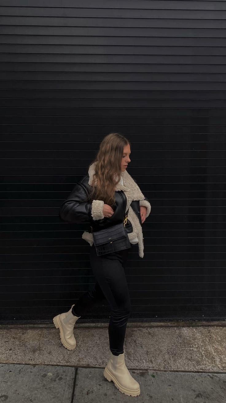 Black Shearling Jacket with Beige Chelsea Boots